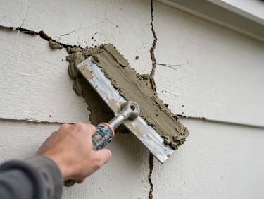 Contractor patching a cracked exterior wall on a Massachusetts property, natural daylight, trowel loaded with mortar, close-up showing the repair in progress