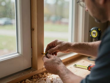 Close-up of a carpenter fitting trim around a doorframe on a Massachusetts job site, natural window light, wood shavings on the floor and a tape measure clipped to the belt