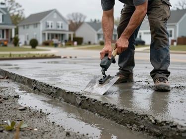 Worker finishing a fresh concrete driveway apron in Massachusetts, trowel in hand, surface still wet and smooth, overcast daylight, neighborhood homes visible in background