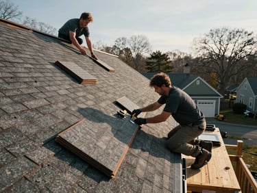 Wide shot of a crew replacing shingles on a steep residential roof in Massachusetts, late afternoon daylight, tools and bundles of shingles visible on the roof deck