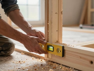 Hands fitting a door frame, carpenter using a level against rough framing, sawdust on the subfloor, natural window light illuminating the joint detail, residential interior mid-renovation