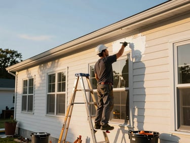 Crew working on exterior property improvements at a Massachusetts commercial building, painting trim and repairing siding, golden afternoon light, ladders and equipment on site