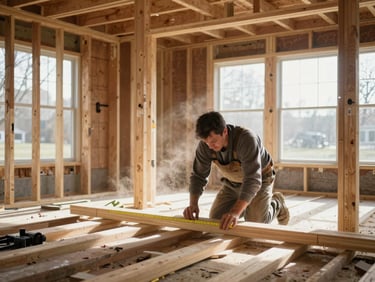 Interior gut renovation in progress inside a Massachusetts home, exposed wall studs and subfloor, worker measuring lumber under bright natural window light, dust in the air