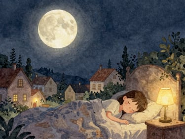 A gentle watercolor moon shining over a quiet sleeping village, soft bedside lamp glow, cozy storybook illustration style