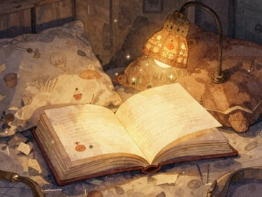 Cozy reading nook with an open, magical flipbook glowing softly, warm bedside light, hand-drawn paper textures, watercolor style.