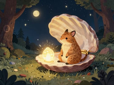 A whimsical forest animal sitting under a starry sky listening to a glowing musical shell, soft magical lighting, hand-drawn paper texture