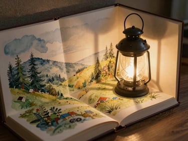 A cozy reading nook with a glowing lantern, soft watercolor landscape visible on a physical-feeling book page, warm whimsical illustration