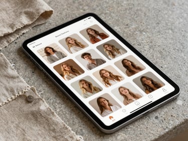 A clean tablet screen displaying an organic, warm-toned social media grid layout next to physical linen fabric swatches on a stone counter.