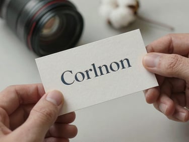 Hands holding raw cotton paper business cards with custom serif letterpress printing, soft daylight