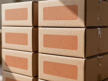 Textured cardboard boxes with custom clay terracotta labels stacked neatly under soft north-facing daylight