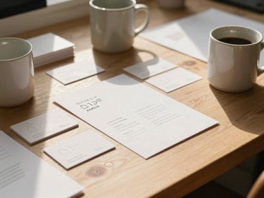 A cozy, sunlit design studio table scattered with physical packaging mockups, embossed business cards, and warm ceramic mugs under soft daylight.