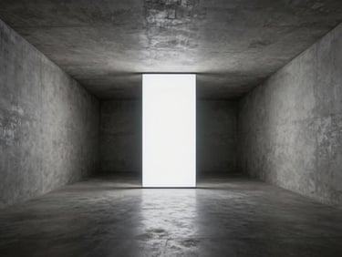 Wide architectural crop of a minimalist concrete gallery space with a single glowing digital installation in the center, high-contrast shadows.