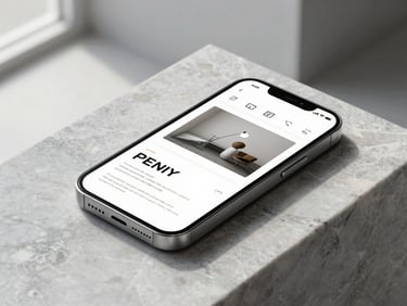 Close-up of a premium metallic smartphone mockup showing a clean editorial website layout, resting on a raw marble slab under diffused natural light.