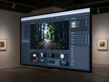 Close-up of a high-fidelity digital interface mockup displayed on a premium physical display, soft diffused gallery-style lighting, dark background, 35mm