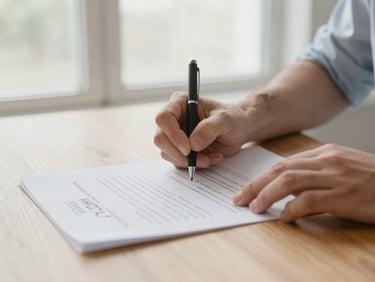 Close-up of hands signing loan documents on a wooden table, bright natural window light, soft desaturated tones, shallow depth of field, 35mm