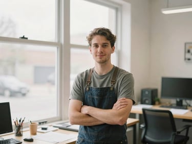 A small business owner working in a bright modern workshop, natural window light, medium-wide environmental portrait, 35mm
