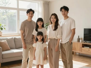 A young family standing in their new sunlit living room, warm environmental portrait, soft desaturated corporate tones, 35mm