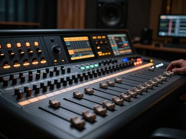 A close-up of a high-end editing suite console with glowing faders, dark ambient studio environment with warm amber status lights, cinematic 35mm photography