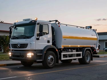 A modern hydro-jetting truck parked on a clean street in Salto, SP, illuminated by sharp work lights at dusk, professional utility vibe.