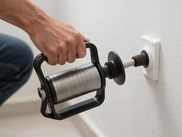 Técnico especializado utilizando equipamento de desentupimento rotativo em tubulação residencial, iluminação clara e ambiente limpo.