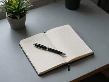 Overhead view of a minimal workspace desk with a single notebook, precise pen placement, and a dark green plant, cool north light from left, no people