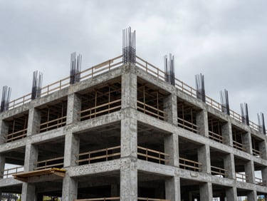 Wide architectural photograph of a building under precision construction, structural concrete framework and steel rebar in cool overcast light, no workers, geometric composition