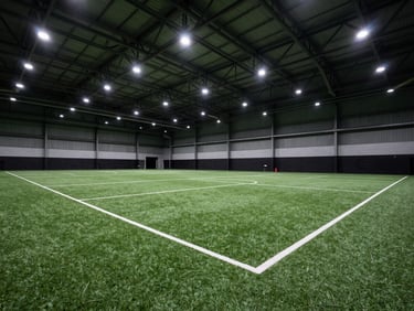 Wide-angle interior of a premium sports facility, green synthetic court surface receding into the distance under cool overhead lighting, architectural steel trusses visible, no people
