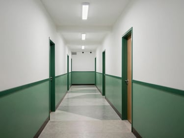Interior of a contemporary K-12 school corridor, clean white walls with forest-green trim, cool diffused overhead light, architectural detail of lockers and geometric flooring, no children