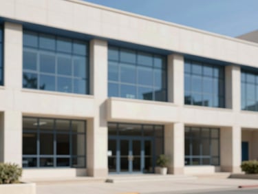 A clean architectural perspective of a modern financial institution in Casablanca, bright natural light, sophisticated blue and neutral tones, 35mm