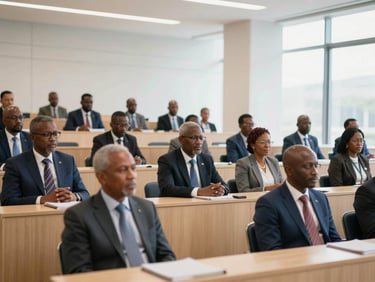 A professional group of diverse African financial leaders engaged in a high-level seminar in a state-of-the-art Casablanca lecture hall, bright natural architectural light, 35mm