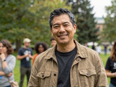 Candid portrait of a warm, approachable male community organizer in his 40s, wearing a casual jacket, outdoors in a green Seattle park.
