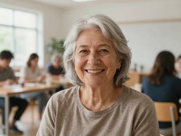 Candid portrait of an older woman with silver hair, smiling warmly in a bright community center, soft natural daylight.