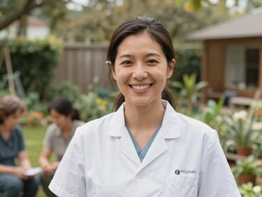 Candid portrait of a friendly female health professional in her late 30s, smiling warmly in a sunlit community garden, soft natural lighting.