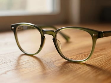 Macro close-up of thick olive green acetate glasses resting on a wooden drafting table, warm sunlight casting soft shadows, 35mm