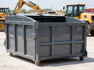 Clean 30-yard steel roll-off dumpster on a commercial construction site, bright direct sunlight, heavy machinery in background