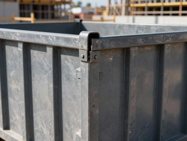 Close-up of heavy-duty steel dumpster corner on a large commercial construction site, bright direct sunlight, focus on durability