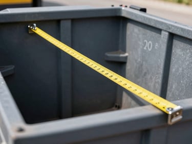 Measuring tape extended across the inside of a clean 20-yard dumpster, bright direct sunlight, focus on dimensions