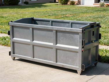 Clean 10-yard steel roll-off dumpster on a residential driveway, bright direct sunlight, green lawn in background