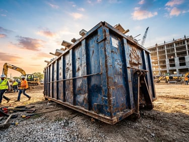 Low-angle heroic shot of a heavy-duty steel roll-off dumpster on an active construction site at dawn, bright direct Texas sunlight, high-contrast shadows, industrial commercial photography.