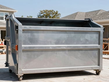 Clean 20-yard steel roll-off dumpster on a residential renovation site, bright direct sunlight, construction materials visible