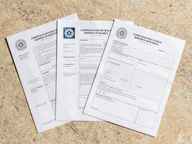 Overhead flat-lay of export shipping documents on a warm stone surface — a certificate of origin, a customs declaration form, and a fragrance compliance sheet fanned slightly, photographed under north-facing daylight with no shadows, sharp detail on printed text blocks and official stamps, no hands visible