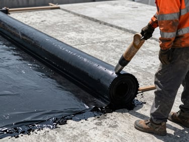 Close-up of a worker torching a thick black bitumen waterproofing membrane onto a massive concrete foundation, harsh sunlight, high-contrast.