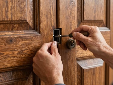 A professional locksmith's hands using a precision chisel to prepare a mortise pocket on a historic solid oak door, natural daylight.