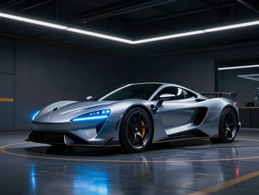 F1-inspired electric supercar charging in a futuristic hangar, sharp blue LED headlights, overhead dramatic lighting.