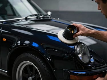 Macro shot of a detailing specialist polishing the fender of a classic black sports car, perfect paint reflections, studio lighting.