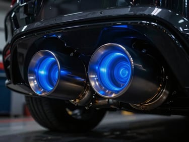 Dramatic close-up of a titanium exhaust system glowing blue under heavy load in a dark tuning garage, sharp metallic reflections.