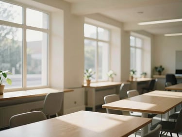 A bright, warm community workspace with soft natural daylight streaming through large windows, clean architectural details, muted sage and cream tones, shallow depth of field, 35mm