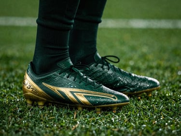 Close-up of football boots on lush green turf, gold accents on the leather, high contrast sports photography