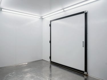 Wide-angle interior of a finished commercial walk-in cold room, polypanel walls white and clean, stainless steel floor, LED light strip along ceiling edge, heavy insulated door ajar revealing thick gasket seal — industrial fluorescent lighting, no people