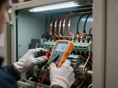 Close-up of a technician's gloved hands working on a commercial refrigeration compressor control panel, multimeter probe touching a terminal block, dense wiring and copper refrigerant pipes visible in the background, cold industrial LED lighting from above, shallow depth of field keeping the hands and meter in sharp focus while the equipment fades, gritty workshop environment